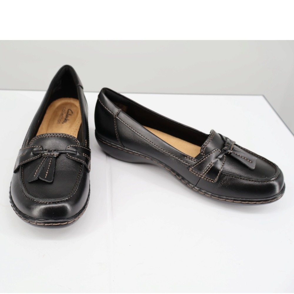 Clarks Ashland Bubble Black Leather Loafer Comfort Flat Tassel Slip On‎ 7